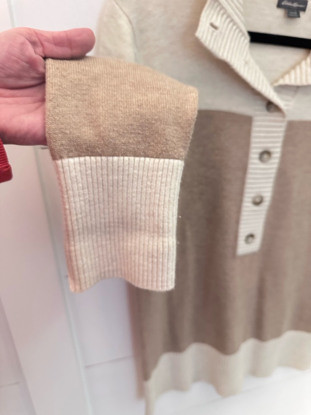 Eddie Bauer L Cream-tan cowl neck 1/2 button modern chic cotton blend swester - Picture 5 of 14